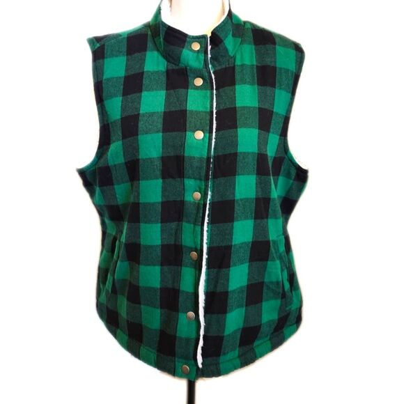 Risen NWT green & black buffalo check vest w sherpa lining - Picture 1 of 8